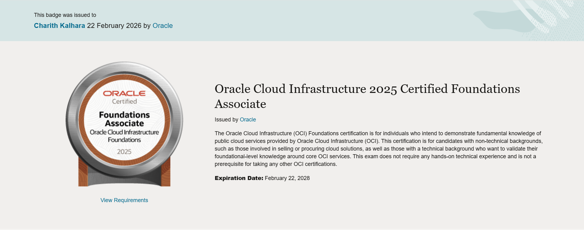 Oracle Cloud Infrastructure Foundations Associate certificate